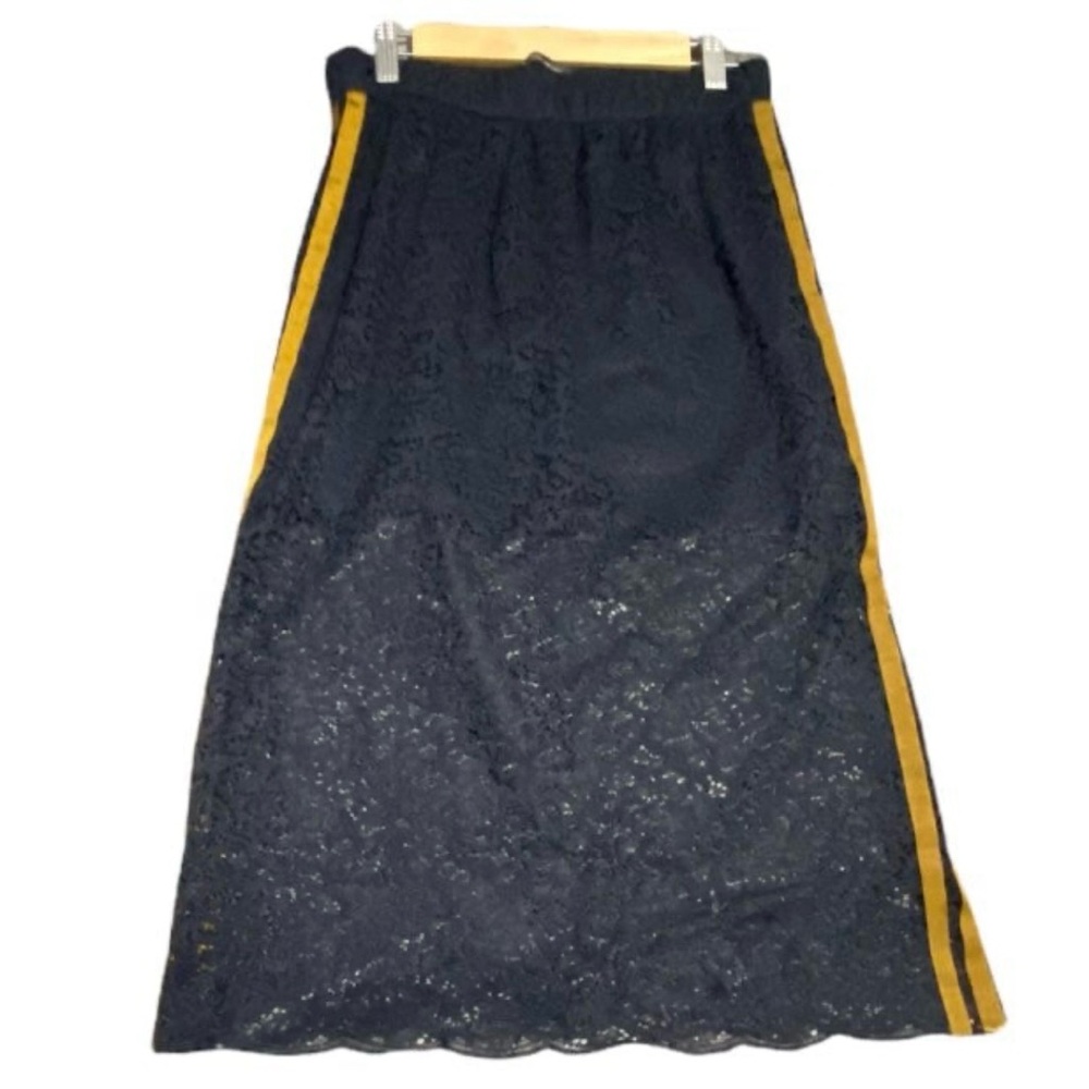 Zara Trafaluc Collection Blue With Gold Stripe Lace Overlay Skirt Size Medium - Picture 2 of 8
